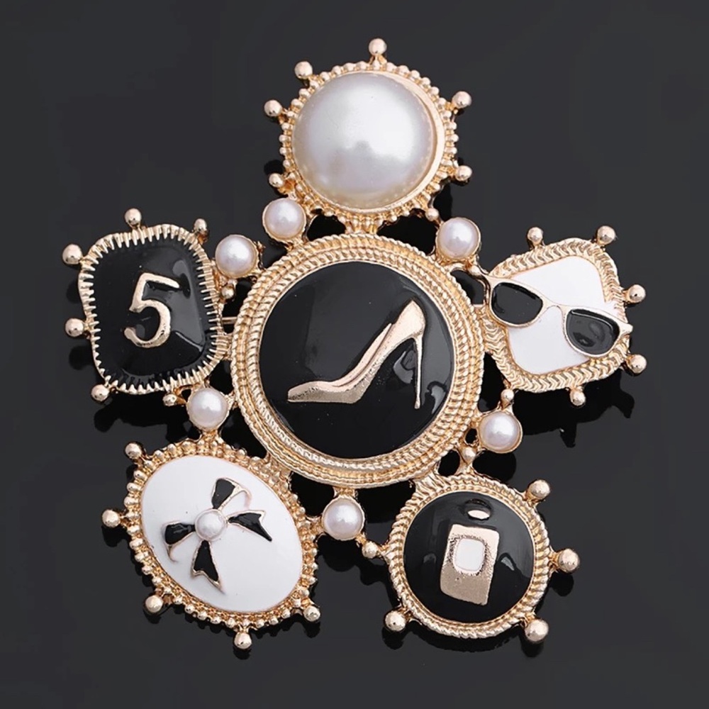 Gold Black White Charm Brooch